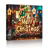 メリークリスマスフレームキャンバスウォールアートサンタエルフペインティングプリントホリデーセレブレーションアートワーク冬の休日の部屋の装飾50x50cmインナーフレーム
