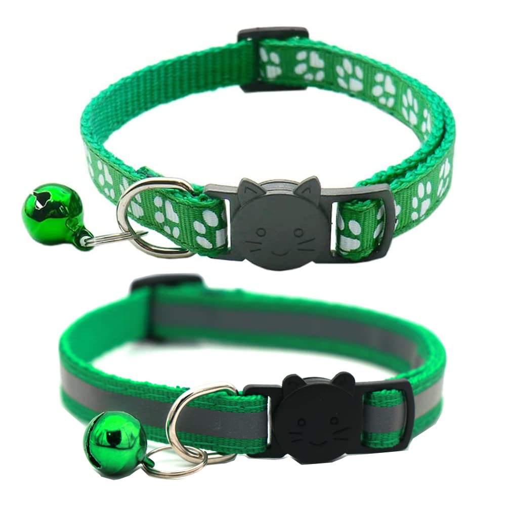 Hepplly 2-Pack Katzenhalsbänder Quick Release Reflective Kitten Halsband mit Glocke (Dunkelgrün)