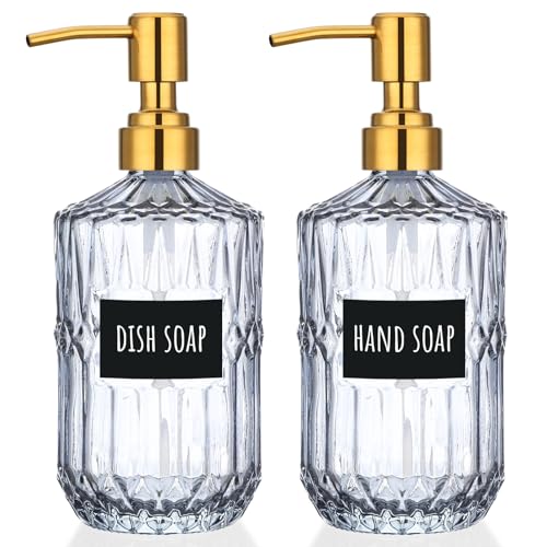 Image of Segbeauty 15.2oz Glass Soap Dispenser Bathroom Bottle, 2pcs Gray Shampoo and Conditioner Dispenser with Labels, 450ml Pump Bottle for Kitchen, Lotion Cream Container with Golden Stainless Steel Pump
