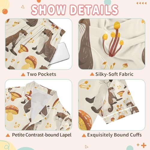 senya Otter Mushroom Satin Summer Pajama Sets Silk Short Sleeve Button Down Sleepwear3