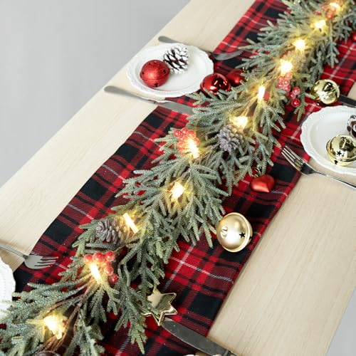 6FT Christmas Garland with Lights, Pre-Lit Artificial Pine Garland with Red Berries, Lighted Flocked Garland for Table Mantle Fireplace Door Stairs Windows Wall Indoor Outdoor Holiday Christmas Decor - Image 6