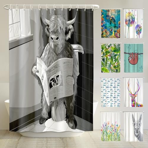 arteneur® - Beschäftigte Kuh - Anti-Schimmel Duschvorhang 180x200 - Recycelt mit Öko-Tex Standard 100 - Beschwerter Saum, Blickdicht, Wasserdicht, Waschbar, 12 Ringe & E-Book