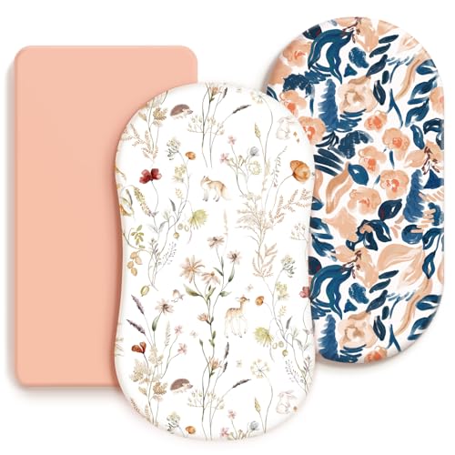 Image of GRSSDER Stretchy Ultra Soft Fitted Bassinet Sheets 3 Pack, Universal Fit for Baby Cradle Moses Basket Oval Rectangle Mattress Safe and Snug, Dream & Blush Flora Stylish Print