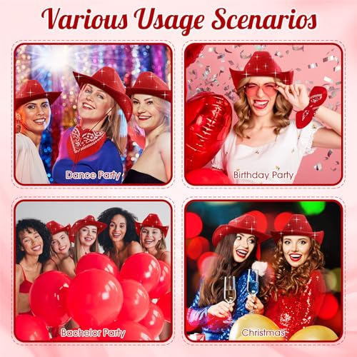 Image of Coume 12 Pcs Sparkly Adults Cowboy Hat and Bandanas Women Men Western Glitter Cowgirl Party Hats with Adjustable Drawstring