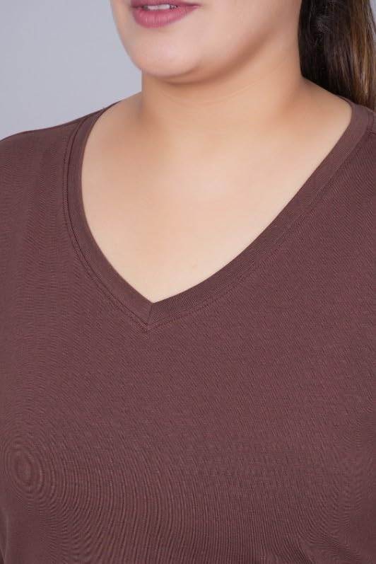 Image of Mlada V-Neck Cotton 3 /4th Sleeves Tshirt for Women | Stretchable Regualr Fit Solid Cotton Tshirts | Casual 3 /4th Sleeves Tshirts for Women Office Wear | Solid Round Neck Tshirt