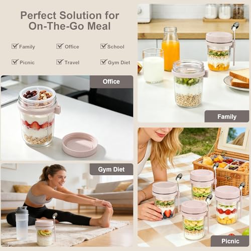 Image of 4 Pack Overnight Oats Containers with Lids and Spoons - 16 oz Glass Mason Jars with Dressing Cup, Over Night Oat Jars for Meal Prep, Yogurt Parfait Cup for Chiaseed Sugar Packet Holders (Beige)