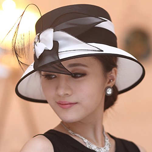June's Young Women Church Hats Formal Dress Derby Hats with Feather Elegant Bucket Hats (Black/White)4