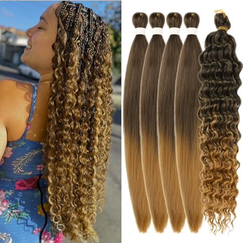 Brown to Honey Blonde Braiding Hair Pre Stretched for Boho Braids Synthetic Prestretched EZ Braiding Hair for Knotless Box Braids (Total 5 Packs)