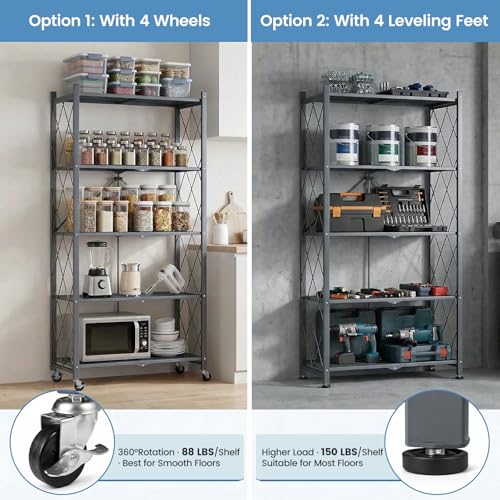 Image of ALANNG 70.7 inch H Metal Storage Shelves, 5 Tier Folding Shelf on Wheels | Heavy Duty, No Assembly, Rolling, Collapsible Rack Unit for Kitchen, Basement, Pantry (Gray,4 Pack)