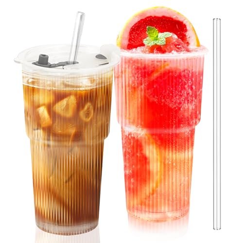 NVIYAM Juego de 2 Vaso Cristal con Tapa y Pajita, 600ml Vaso Matcha, Diseño de Rayas Verticales, Taza de Agua Sello, Vasos Cafe Cristal pare Batidos, Jugo