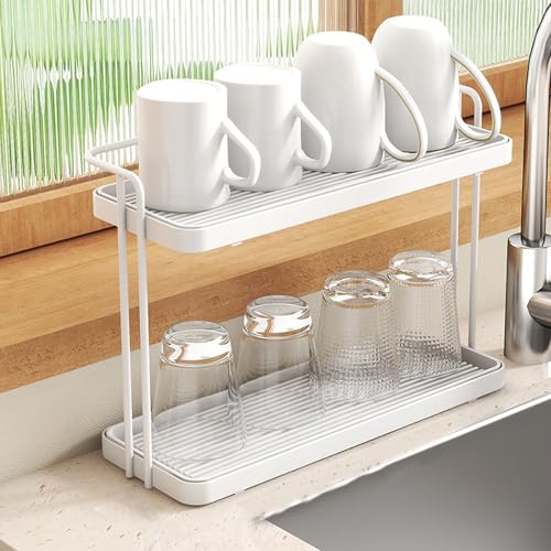 水筒スタンド 水切りラック キッチン 収納 コップ 水切り グラス ボトルスタンド 2段 カップラック 排水 ラック コップ置き 水筒干し 哺乳瓶 省スペース 水切りトレー付き 約W29×D11×H21cm ホワイト