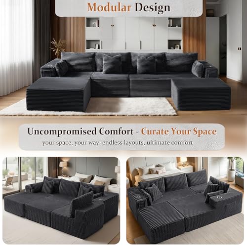 Image of 138 inch Oversized Cloud Sectional Couch, Comfort U Shaped Boneless Couch for Living Room, Extra Deep Seats No Assembly, Modular Sofa, Corduroy (Dark Grey, 3 Seater+Right Facing Chaise+Ottoman)