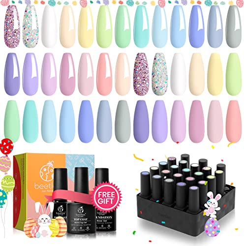 Beetles 20Pcs Gel Nail Polish Kit with 3pcs Glossy & Matte Top Coat and Base Coat Easter Nails- Pastel Paradise Girly Colors Collection Bright Nail Art Solid Sparkle Glitters Gel Polish Nails Manicure Kit