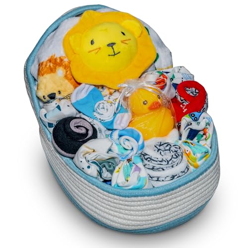 Image of Bassinet New Baby Boy Gift Set, Baby Layette Set with 17-Piece Unique New Baby Essentials for Expecting Moms and New Parents, Blue - Nikki’s Gift Baskets