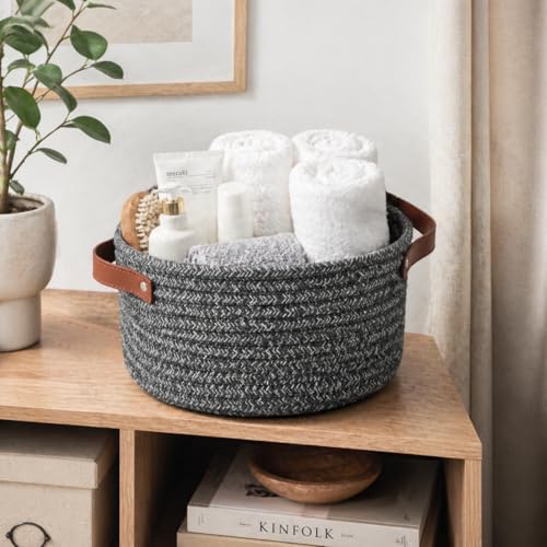 Image of Small Woven Basket, Cute Mini Cotton Rope Storage Basket with leather handle, Tiny Decorative Round Storage Bin, Boho Empty Gift Baskets for Organizing, Toy Organizer for Nursery (Grey)
