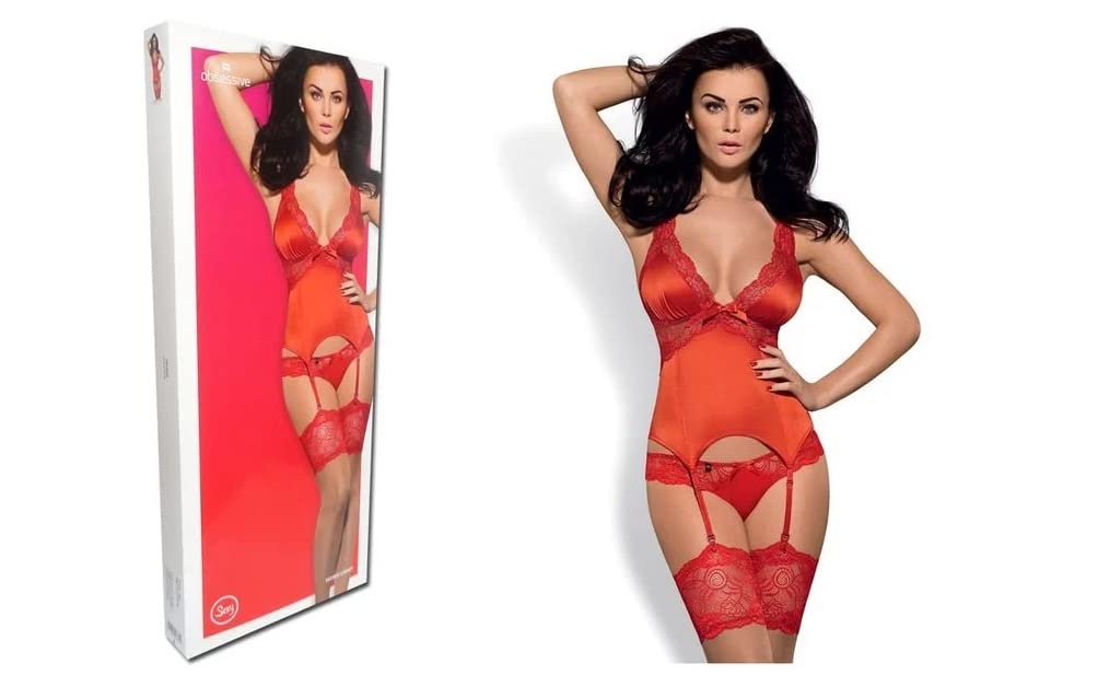 Obsessive ensemble de lingerie 2 pièces: guêpière ou corset avec string dans un coffret cadeau, rouge dentelle, S-M