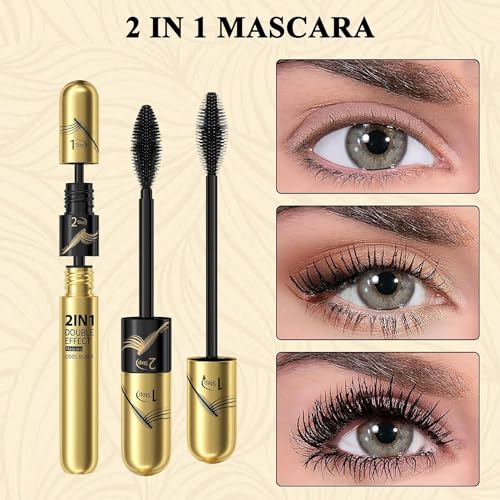 2 in 1 4D Silk Fiber Lash Mascara Waterproof, Lengthening Mascara Black, Waterproof Mascara Black - No Clumping Super Strong Waterproof No Toxic Mascara & Smudge-Proof Roller Lash Curling, Gold - Image 5