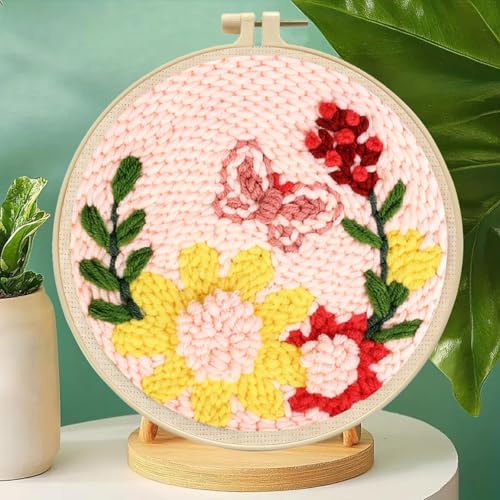 Image of Zhenqing Butterfly & Floral Punch Needle Embroidery Kit | 29x29cm Pink Bloom Design with Hoop & Tools | DIY 3D Textured Wall Art for Beginners(Z95092C)