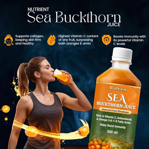 Image of Baleen Sea Buckthorn Juice 500ml (Pack of 2) | Himalayan Sea Buckthorn Berry Juice With Omega 3 6 9 & 7 Fatty Acids | Pure Seabuckthorn Pulp Juice with Vitamin C Antioxidants