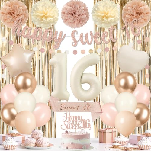 Holkcog Happy Sweet 16 Banner for Girls, Champagne Pink 16th Balloons