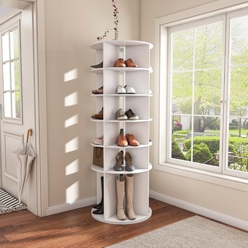 6-Tier Rotating Shoe Rack Tower, 360° Spinning Shoe Organizer for 24 Pairs, Freestanding Revolving Storage Rack, White Spinning Organizer, Display Storage Rack, for Corners, Closets - Image 9
