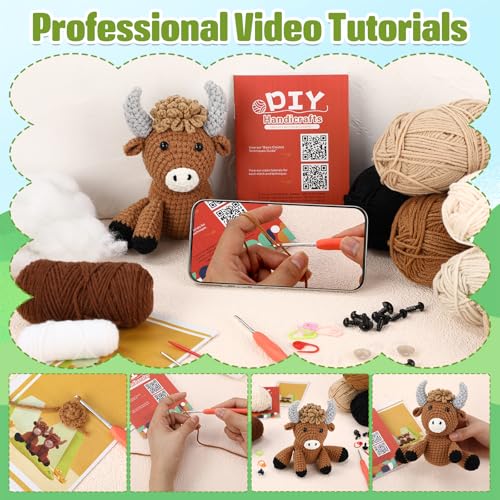 Image of Newwiee 3 Pcs Crochet Kit for Beginners Highland Cow Crochet Kit Holiday Birthday Gift Include Step-by-Step Video, Easy Knitting Yarn, Tutorial, Hook for Women Adults
