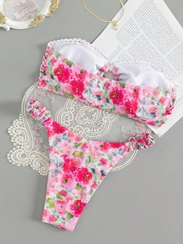 GORGLITTER Women's Floral Swimsuit Strapless Bandeau High Cut Thong Bikini Set Bathing Suit2