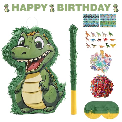 Dinosaur Piñata Party Set, 132 Pieces with Hitting Stick, Confetti, Blindfold, Banner, Bracelets, Toys, Stickers, 15.7x11.8x2.8 Inches, for Birthday Celebrations (Dinosaur)