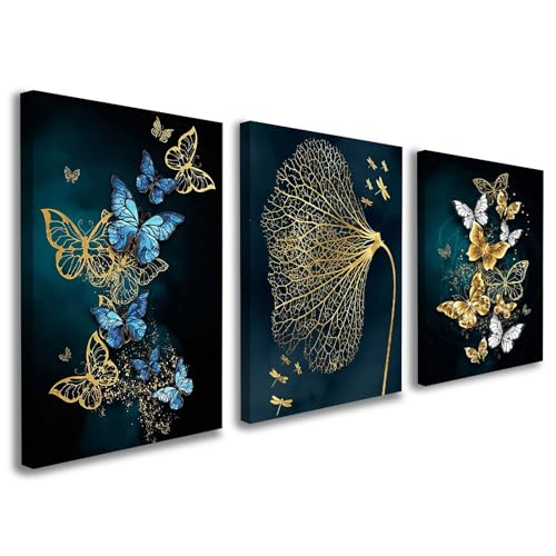 Galmcook Set of 3 Framed Canvas Wall Art 12x16 Inch Each Butterfly and Leaf Painting Modern Wall Decoration for Living Room Bedroom Hallway and Stairs Artwork Wall Pictures with Hooks and Magic Tape