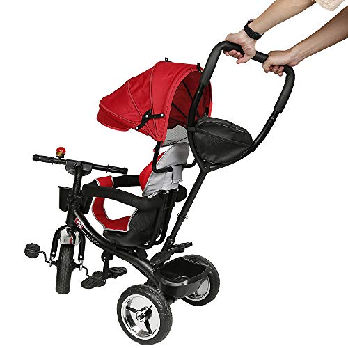 DDMINE Dreirad, 4-in-1, erweiterbares Baby-Dreirad, mit verstellbarem Schiebegriff, Stock, Glocke und Rückspiegel, Sicherheitsgurt, 9 Monate bis 5 Jahre, Baby (rot) – Bild 6