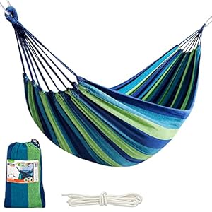 AKTIVE Camping – Hamac Jardin 1 Place en Coton, Hamac Extérieur avec Une Corde pour Le Suspendre, 200 x 100 cm, Hauteur de 180-190 cm, avec Sac de Transport, Bleu