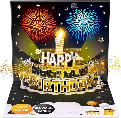 Image of INPHER UPGRADED DIY Age Birthday Cards Fireworks Pop Up Cake Light and Music Black and Gold Happy Birthday Card Gift for Husband, Men, Women, Mom, Grandma