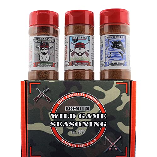 THE TAILGATE FOODIE Rare Wild Game Seasonings | Hunterâ€™s Edition | Sportsman Gift Set | 3 Flavor Packed Blends Perfect for Wild Game, Game Birds & Wild Caught Fish; Recipes for Venison, Elk, Bison, Bear, Pheasant, Duck, Quail, Cod, Shrimp, White Fi