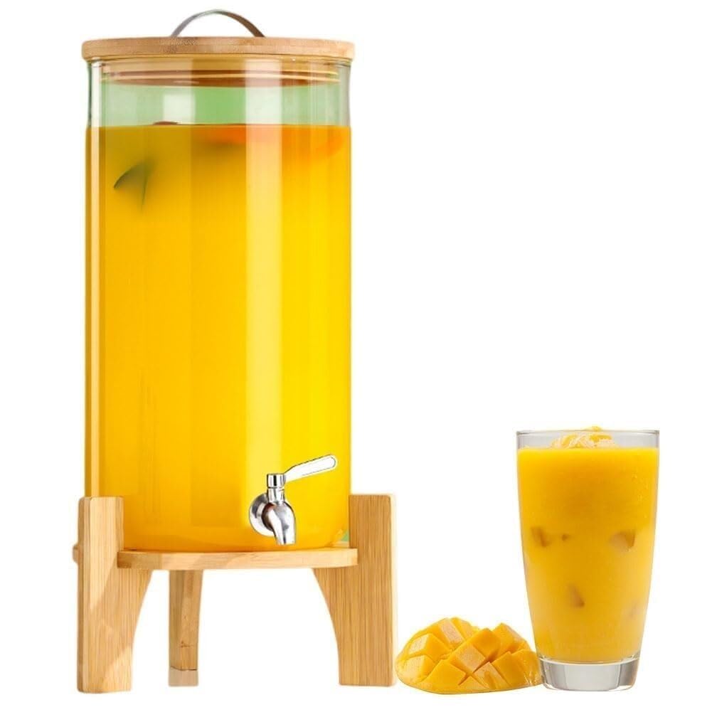 HCZKIUJY Glass Drink Dispenser with Spigot, 10L Beverage Dispenser on Wooden Stand – Ideal for Parties, Daily Use, and Cold Drinks (10L)