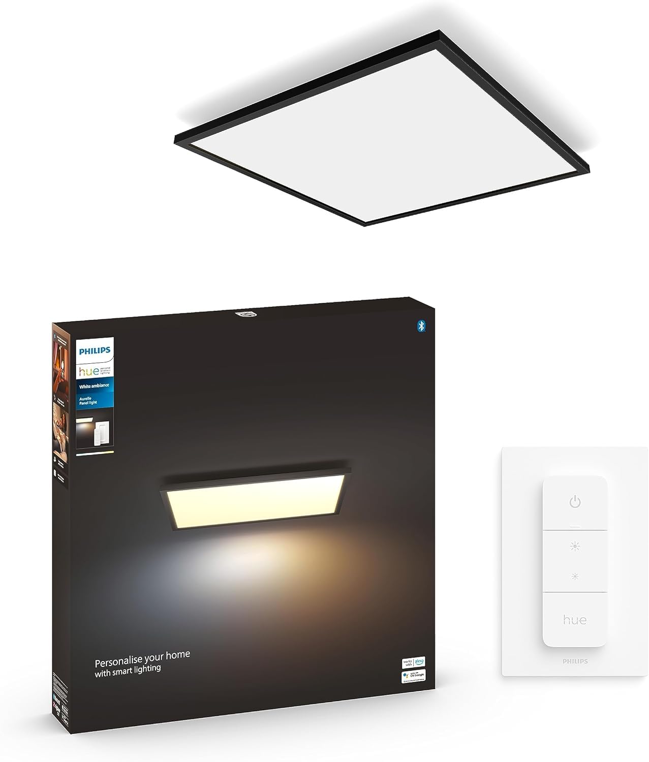 Philips HueWhite Ambiance Aurelle Smart LED Panel Light Inc. Dimmer Switch [60x60cm - Black] for Indoor Home Smart Lighting, Wall, Ceiling, Bedroom, Livingroom, Old Generation