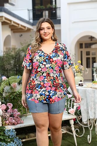 Image of RITERA Women Plus Size Tops Tie Dye V Neck Shirt Floral Camo Summer Short Sleeve Tunic Oversized Ladies Blouse XL-5XL