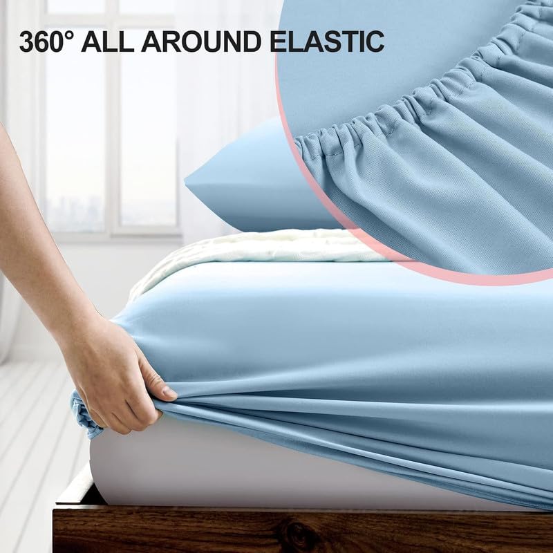 Image of Amazon Brand - Umi Cotton Feel Glace Cotton Fade Resistant Elastic Fitted Single Bed Bedsheet with 1 Pillow Cover Fits Upto 8 inches Mattress, Size- 36x78x10 Inches, Sky Blue