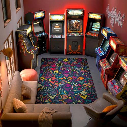 Dark Retro Memphis Arcade Rectangle Area Rug, Colorful 80s Geometric