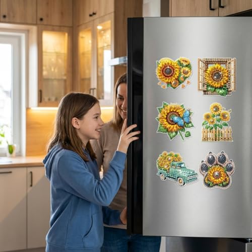 Image of PATPAT 6 Pcs DIY Sunflower Fridge Magnet Diamond Art Kit, 6-Designs Art Refrigerator Magnet Diamonds Paint Ornament Home Decor, Home Decorative Diamond Painting Kit for Kids & Adults