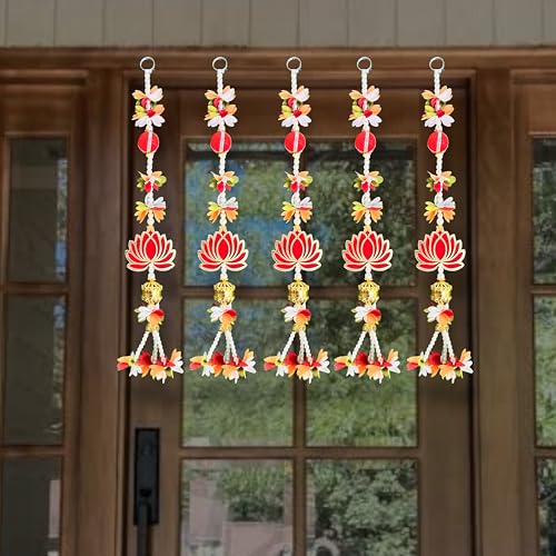 Image of Rajasthan Kraft Red Lotus Floral Hanging Decoration with Pearl Beads & Golden Bell |Pack of 5 (17 x 3 Inch) | Multicolour Door & Wall Decor for Diwali, Navratri & Pooja(RK-36808-5).