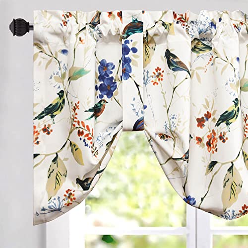 VOGOL Schnürvolants für Badezimmer, blaue Vögel und Blumendruck, Schnürung für Fenster, Stangentaschen, Volants für Café, 132 x 45 cm, einteilig Cover