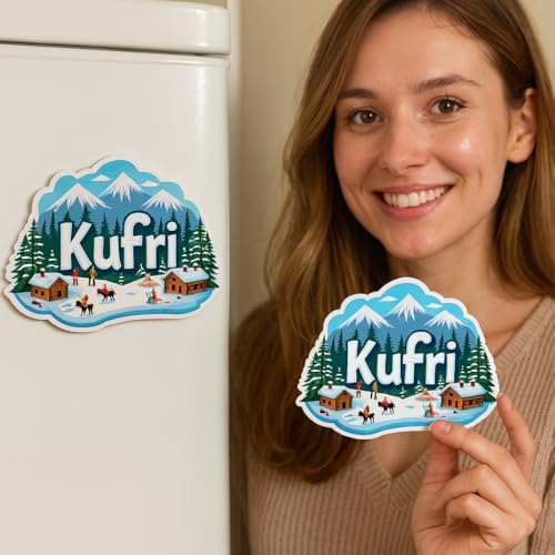 Image of Naxon Kufri Hill Station Theme Souvenir Wooden Fridge Magnet | Snow Mountains & Nature Design 3x3 Inch Refrigerator Magnet for Kitchen & Home Decor | Travel Gift from Kufri | Pack of 1