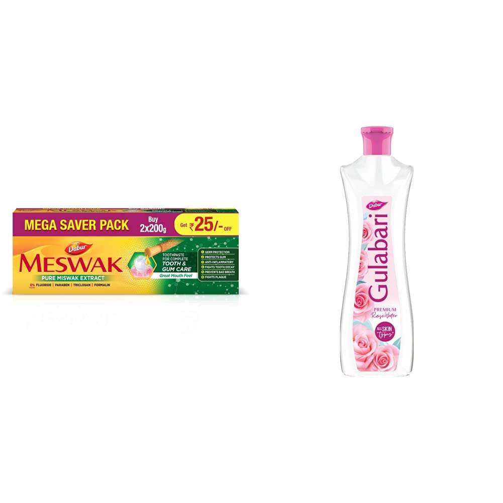 Meswak: Fluoride Free Toothpaste With Antibacterial, Anti Inflammatory & Astringent Benefits,Cavity Protectio- 400 Gram(200Gm*2) Gulabari Premium Rose Water Natural, 400 Ml