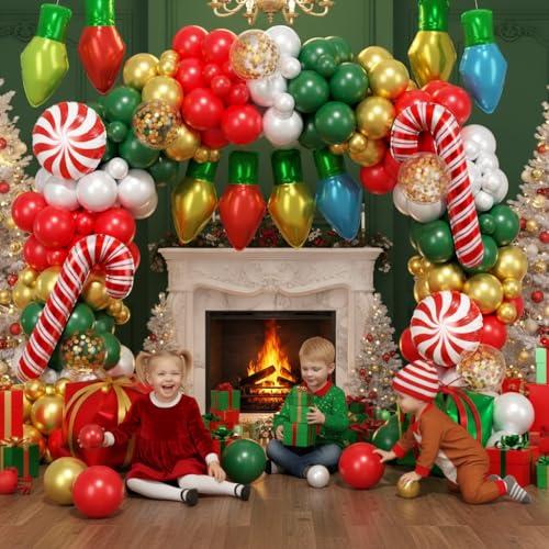 Image of 164Pcs Christmas Balloon Arch Garland Kit Xmas Red White Green Gold Latex Balloons Light Bulb Candy Cane Gift Box Foil Balloons Arch Kit for Christmas New Year Party Birthday Party Decorations