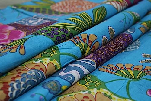 Image of Indian Hand-Block Printed Jaipuri Fruit Print Floral Ethnic Sanganer Kurti Print Cotton Fabric (10 Yards, Turquoise Fruit)