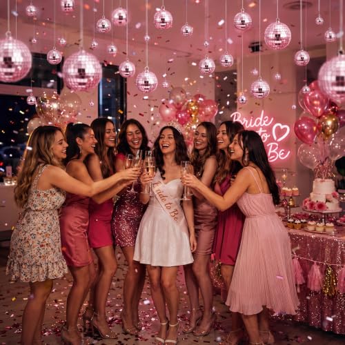 Image of MTLEE 20 Pcs Disco Ball Decor, Pink, 2.4, 2, 1.6, 1.2 Inch | Mirror Balls Ornaments for Weddings, Halloween DIY Bubbling Cauldron, Festivals, Outdoor Events,Hanging with Rope