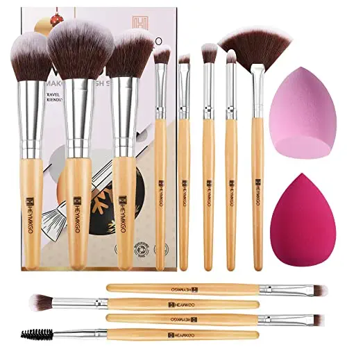 HEYMKGO Face Makeup Brushes Set and Sponge Kit - 12Pcs Wooden Professional Make Up Brushes with 2 Makeup Blenders for Liquid Cream Foundation Blending Concealer Eye Shadows Blush Bronzer Powder Cosmetics