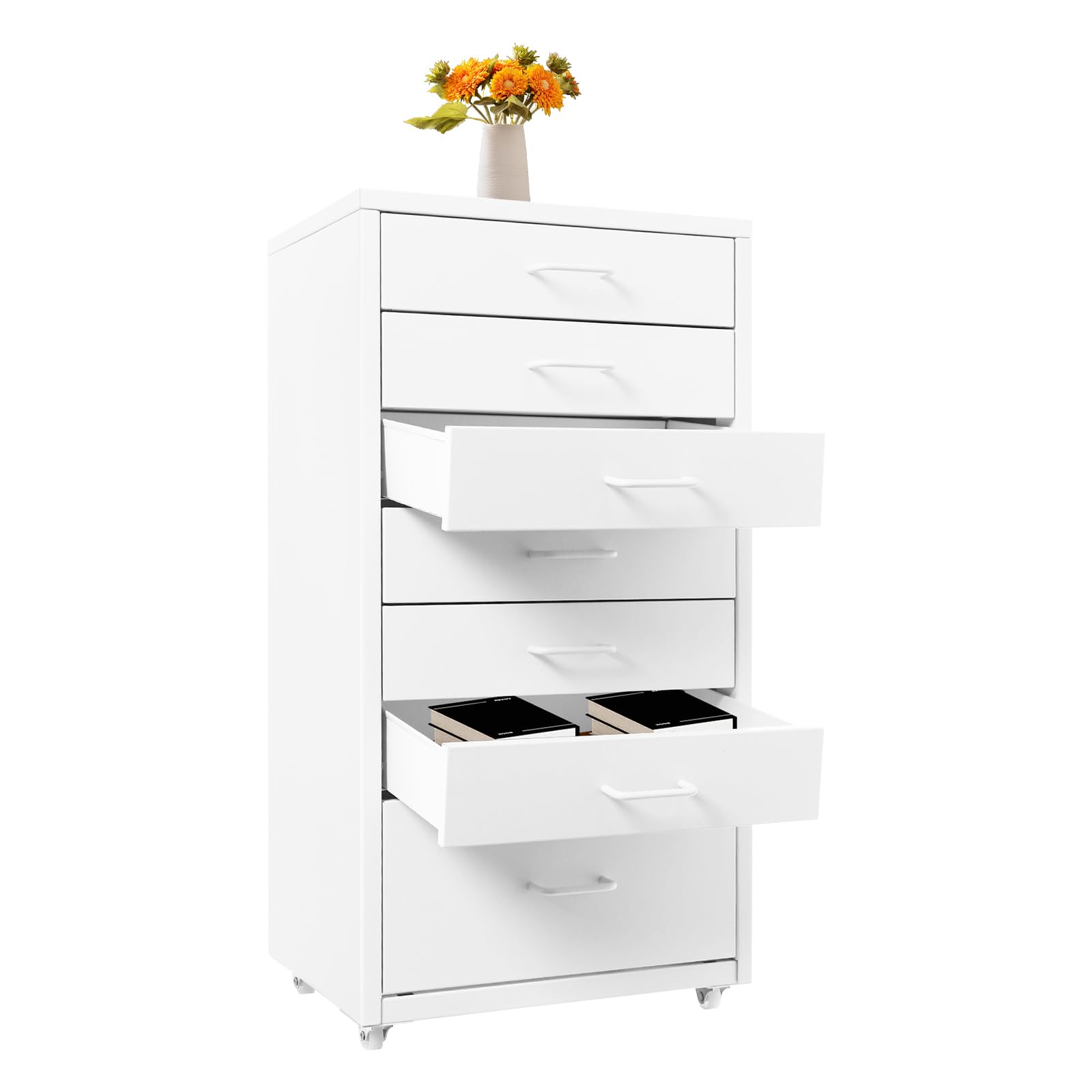 7 Drawer File Cabinet on Wheels Steel Mobile Filing Cabinet with Drawers