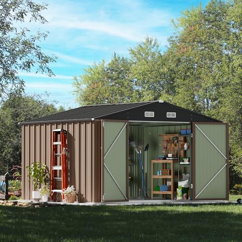Image of Devoko 10 x 8 FT Outdoor Storage Shed, Metal Garden Sheds & Outdoor Storage Clearance, Large Tool Shed Outdoor with Single Lockable Door for Patio Lawn Backyard (Brown)