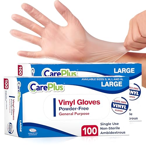 Image of CARE PLUS Vinyl Gloves Clear Large Size 200 Count | Heavy Duty, Non-Sterile, Powder-Free, Latex-Free Rubber | Food Prep, Kitchen & Cleaning Gloves, Ideal for Professional Use